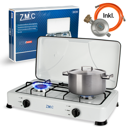 Z.M.C Gaskocher 2-flammig je 2,2 kW | tragbarer Campingkocher mit Deckel, 50mbar Regler &amp; Gasschlauch für Propan- &amp; LPG-Gasflaschen