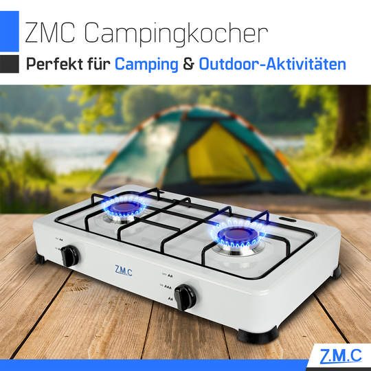 Z.M.C Gaskocher 2-flammig je 2,2 kW | tragbarer Campingkocher mit Deckel, 50mbar Regler &amp; Gasschlauch für Propan- &amp; LPG-Gasflaschen