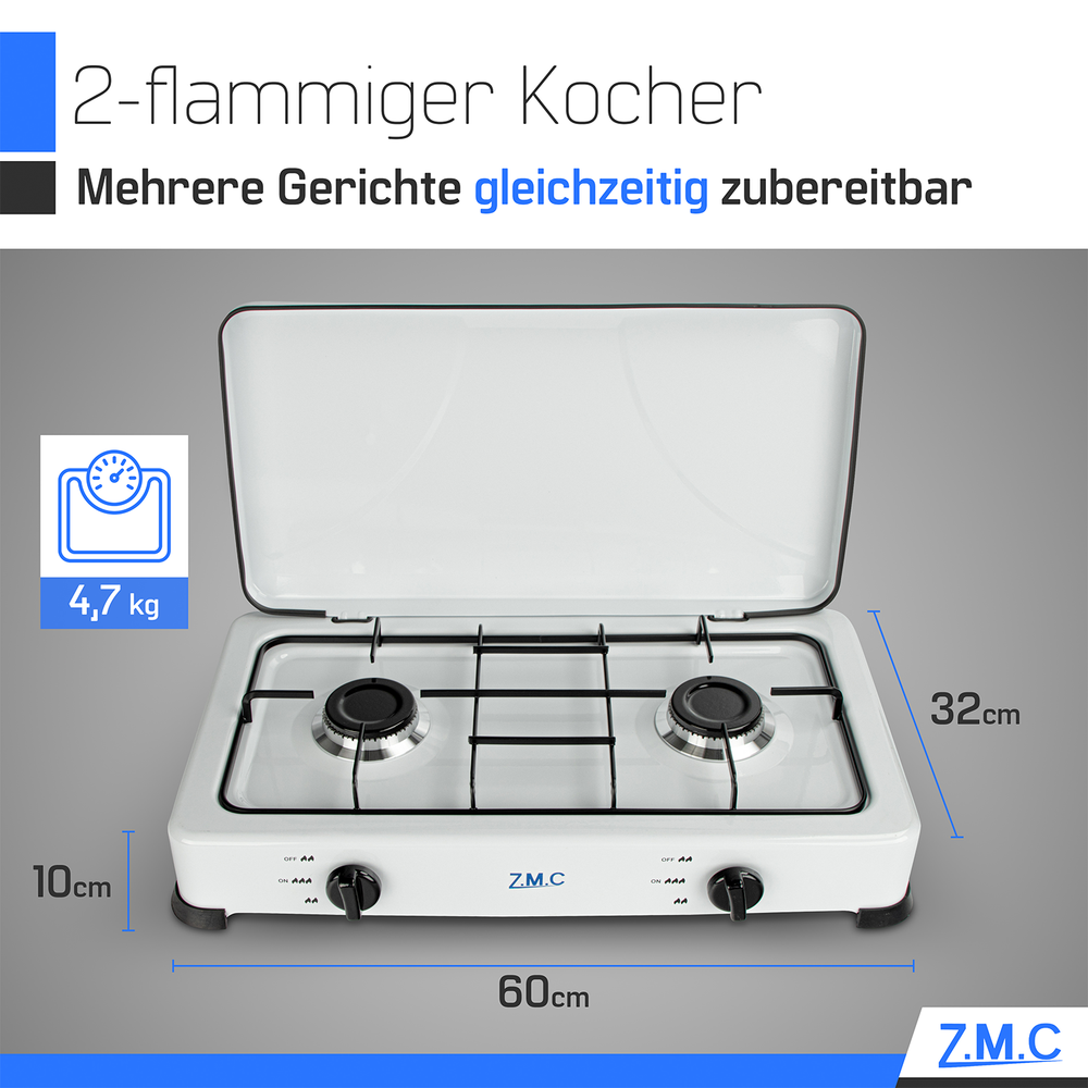 Z.M.C Gaskocher 2-flammig je 2,2 kW | tragbarer Campingkocher mit Deckel, 50mbar Regler & Gasschlauch für Propan- & LPG-Gasflaschen