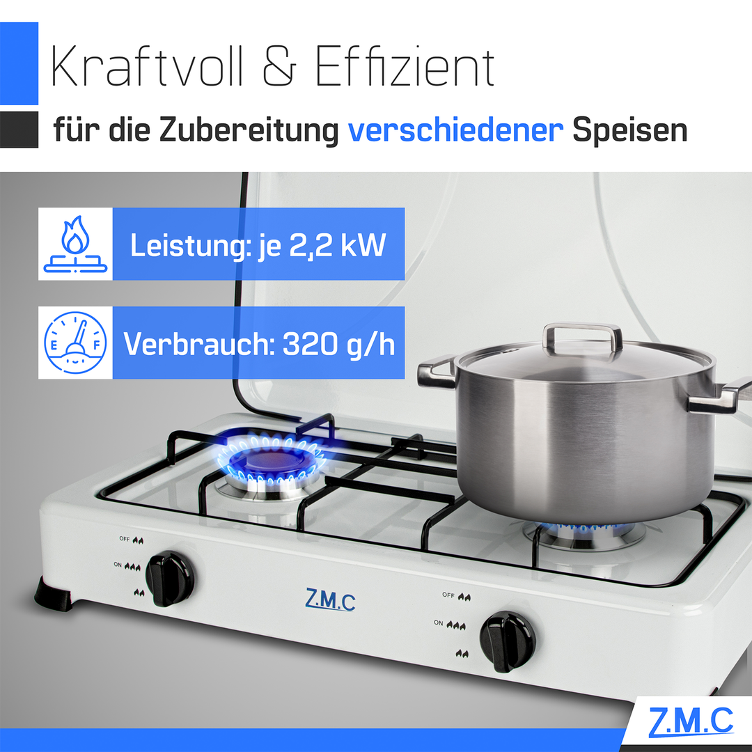 Z.M.C Gaskocher 2-flammig je 2,2 kW | tragbarer Campingkocher mit Deckel, 50mbar Regler &amp; Gasschlauch für Propan- &amp; LPG-Gasflaschen
