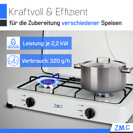 Z.M.C Gaskocher 2-flammig je 2,2 kW | tragbarer Campingkocher mit Deckel, 50mbar Regler &amp; Gasschlauch für Propan- &amp; LPG-Gasflaschen