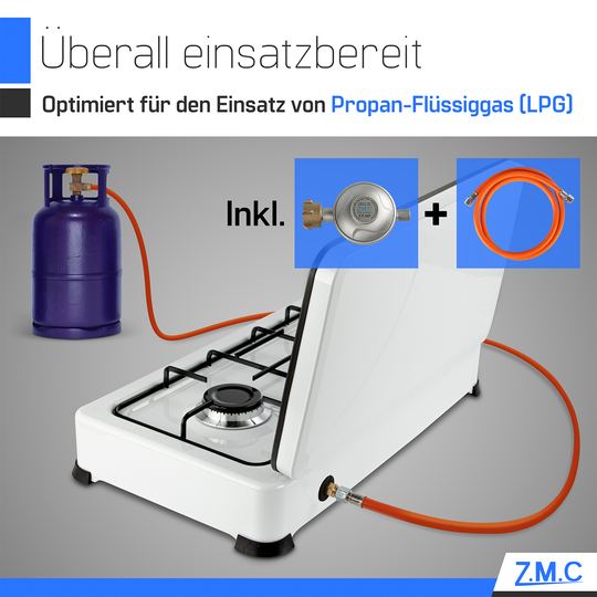 Z.M.C Gaskocher 2-flammig je 2,2 kW | tragbarer Campingkocher mit Deckel, 50mbar Regler &amp; Gasschlauch für Propan- &amp; LPG-Gasflaschen