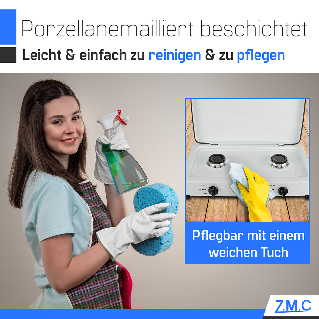 Z.M.C Gaskocher 2-flammig je 2,2 kW | tragbarer Campingkocher mit Deckel, 50mbar Regler &amp; Gasschlauch für Propan- &amp; LPG-Gasflaschen
