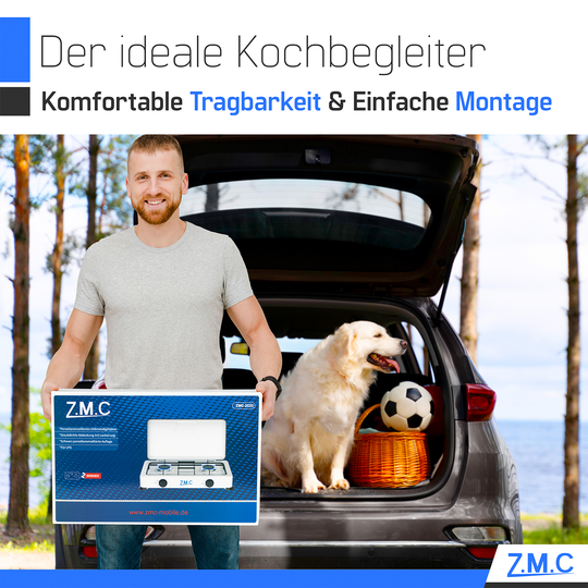 Z.M.C Gaskocher 2-flammig je 2,2 kW | tragbarer Campingkocher mit Deckel, 50mbar Regler &amp; Gasschlauch für Propan- &amp; LPG-Gasflaschen