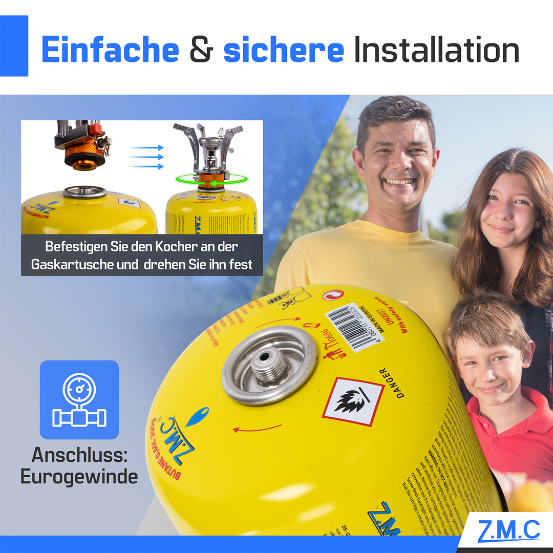 Z.M.C Gaskartusche 300g Propan/Butan | EN417 Schraubkartusche, 7/16" Eurogewinde, 600 ml für Campingkocher, Gasgrill &amp; Gasheizung