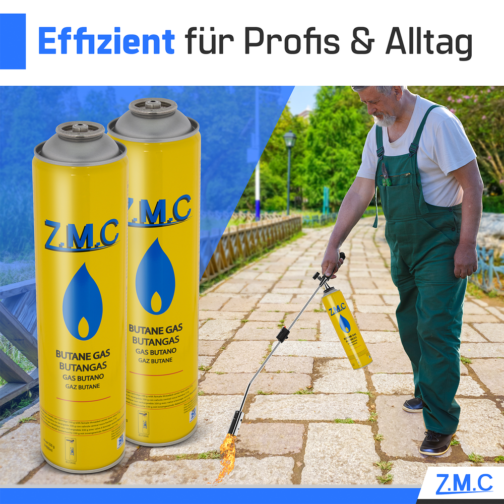 Z.M.C Gaskartusche 330g Propan/Butan 600ml | EN417 Schraubkartusche, 7/16" Eurogewinde für Unkrautbrenner, Lötbrenner & Weber Grill