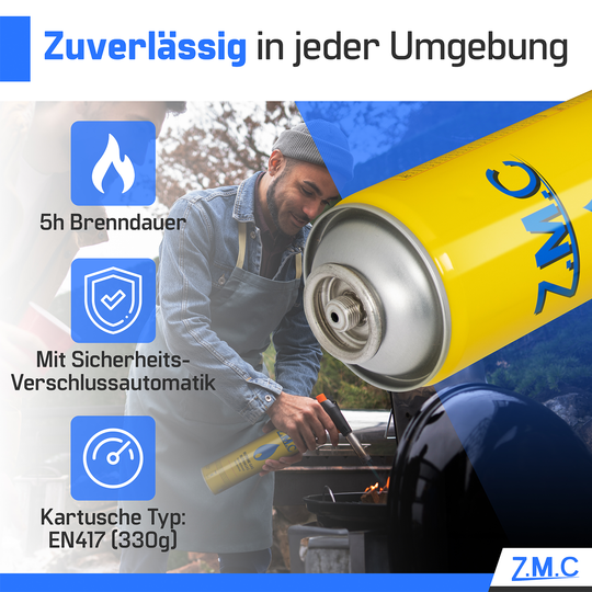 Cartouche de gaz universelle ZMC 330g 600ml avec gaz propane/butane, cartouche filetée EN417 avec valve et filetage européen, cartouche de gaz adaptée pour désherbeur thermique, chalumeau, appareil de flambage