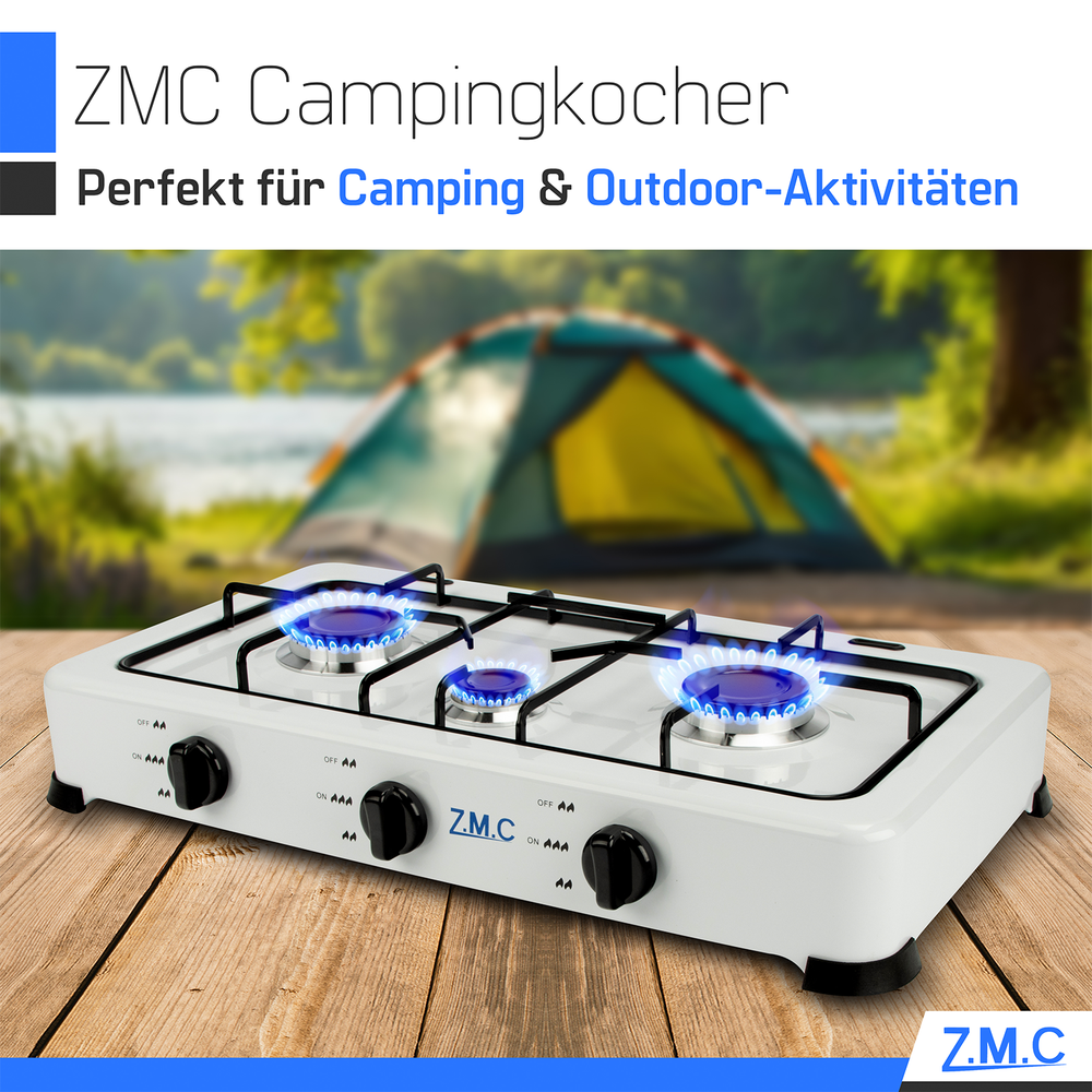Z.M.C Gaskocher 3-flammig 2× 2,2 kW + 1,0 kW | tragbarer Campingkocher mit Deckel, Regler & Gasschlauch für Propan- & LPG-Gas