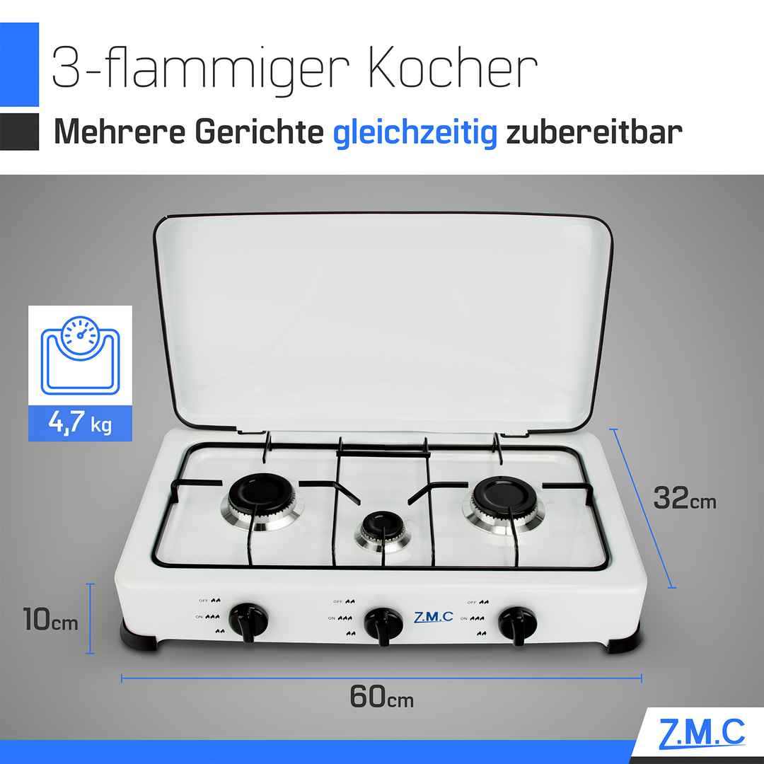 Z.M.C Gaskocher 3-flammig 2× 2,2 kW + 1,0 kW | tragbarer Campingkocher mit Deckel, Regler &amp; Gasschlauch für Propan- &amp; LPG-Gas