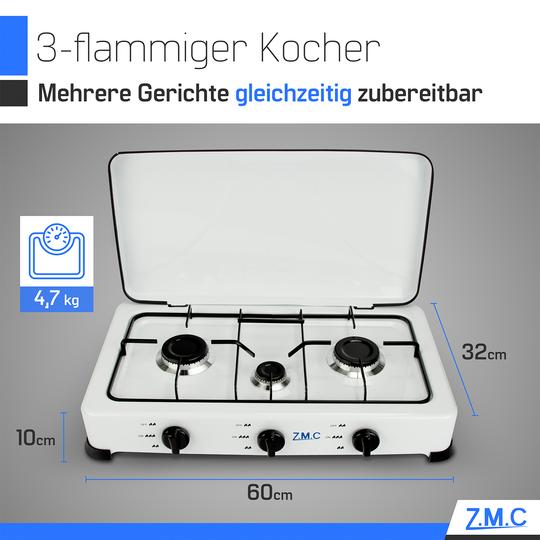 Z.M.C Gaskocher 3-flammig 2× 2,2 kW + 1,0 kW | tragbarer Campingkocher mit Deckel, Regler &amp; Gasschlauch für Propan- &amp; LPG-Gas
