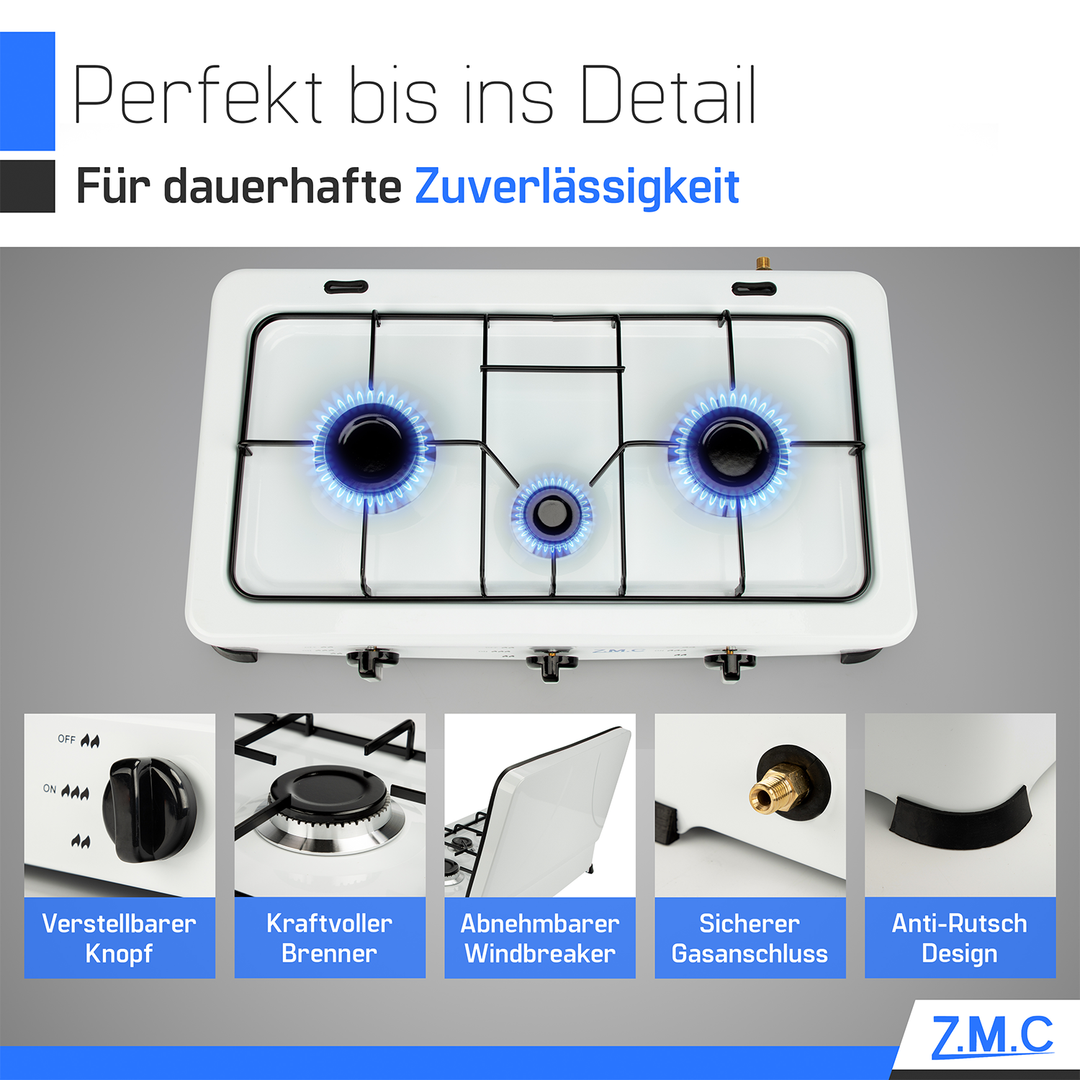 Z.M.C Gaskocher 3-flammig 2× 2,2 kW + 1,0 kW | tragbarer Campingkocher mit Deckel, Regler &amp; Gasschlauch für Propan- &amp; LPG-Gas