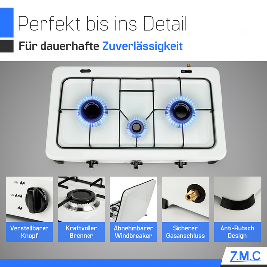 Z.M.C Gaskocher 3-flammig 2× 2,2 kW + 1,0 kW | tragbarer Campingkocher mit Deckel, Regler &amp; Gasschlauch für Propan- &amp; LPG-Gas