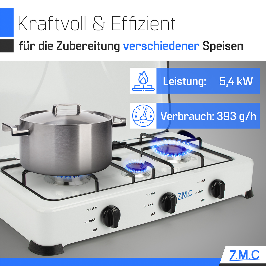 Z.M.C Gaskocher 3-flammig 2× 2,2 kW + 1,0 kW | tragbarer Campingkocher mit Deckel, Regler &amp; Gasschlauch für Propan- &amp; LPG-Gas