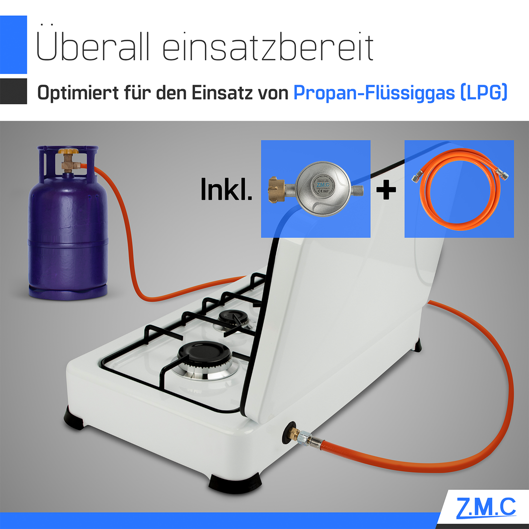 Z.M.C Gaskocher 3-flammig 2× 2,2 kW + 1,0 kW | tragbarer Campingkocher mit Deckel, Regler &amp; Gasschlauch für Propan- &amp; LPG-Gas