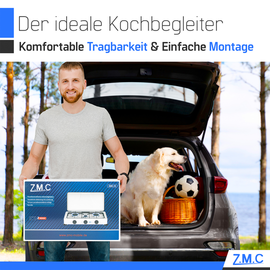 Z.M.C Gaskocher 3-flammig 2× 2,2 kW + 1,0 kW | tragbarer Campingkocher mit Deckel, Regler &amp; Gasschlauch für Propan- &amp; LPG-Gas