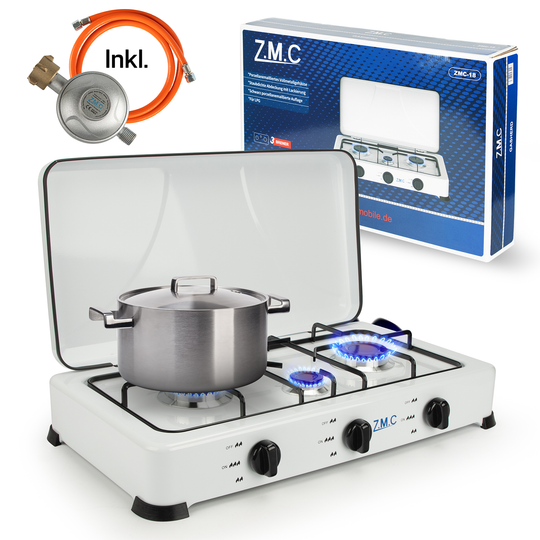 Z.M.C Gaskocher 3-flammig 2× 2,2 kW + 1,0 kW | tragbarer Campingkocher mit Deckel, Regler &amp; Gasschlauch für Propan- &amp; LPG-Gas