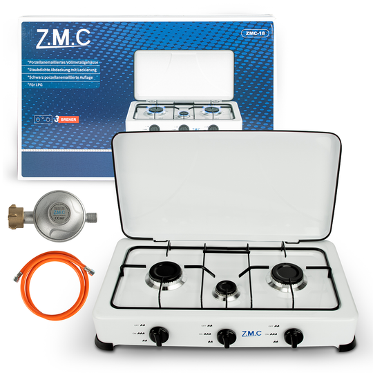 Z.M.C Gaskocher 3-flammig 2× 2,2 kW + 1,0 kW | tragbarer Campingkocher mit Deckel, Regler &amp; Gasschlauch für Propan- &amp; LPG-Gas