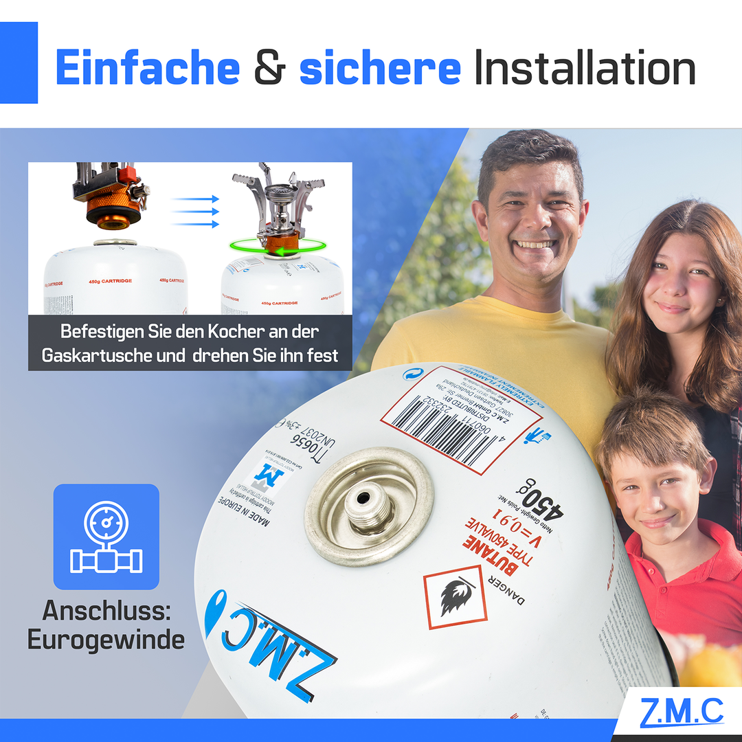 Z.M.C Gaskartusche 450g Butan/Propan | EN417 Schraubkartusche, 7/16" Eurogewinde, 900 ml für Campingkocher, Gasgrill &amp; Gasheizung