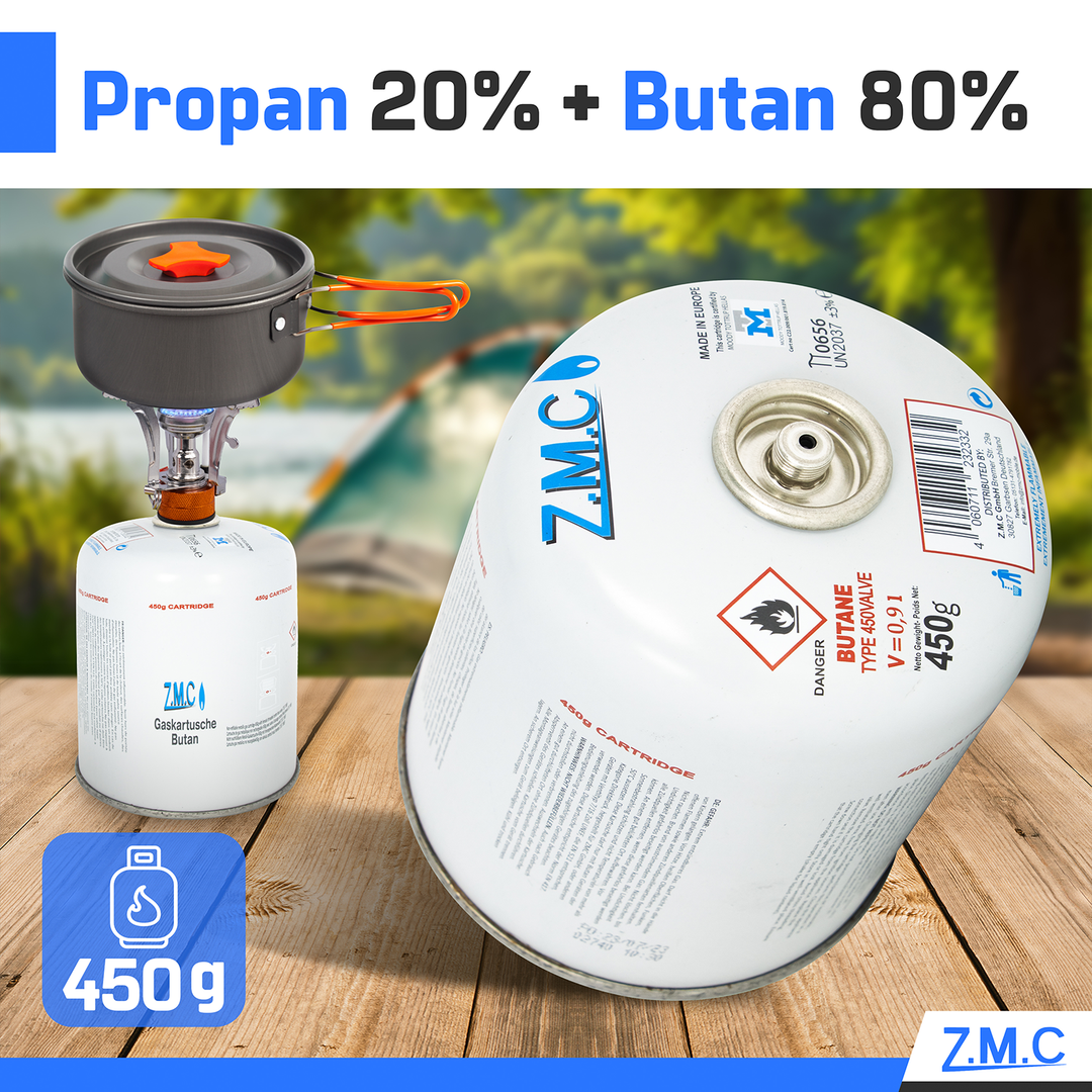 Z.M.C Gaskartusche 450g Butan/Propan | EN417 Schraubkartusche, 7/16" Eurogewinde, 900 ml für Campingkocher, Gasgrill &amp; Gasheizung
