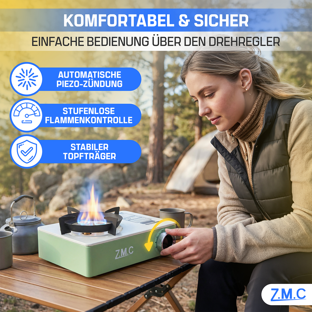 ZMC Camping Stove 1-Burner 3500W with 3-Burner System &amp; Piezo Ignition – Portable Gas Stove with Carrying Case, 1.4 kg