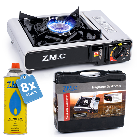 ZMC Réchaud de camping en acier inoxydable 1 feu 2,2 kW avec allumage piézo – Réchaud à gaz avec mallette &amp; plaque de cuisson optionnelle