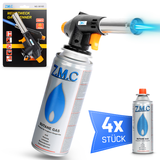 Z.M.C Gasbrenner &amp; Bunsenbrenner 1,3 kW bis 1300 °C | Lötlampe &amp; Lötbrenner mit Piezo-Zündung &amp; Gasanzünder, + optionale 227g Kartuschen