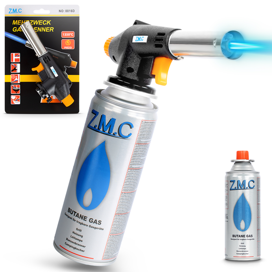 Z.M.C Gasbrenner &amp; Bunsenbrenner 1,3 kW bis 1300 °C | Lötlampe &amp; Lötbrenner mit Piezo-Zündung &amp; Gasanzünder, + optionale 227g Kartuschen