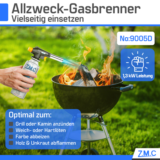 Z.M.C Gasbrenner &amp; Bunsenbrenner 1,3 kW bis 1300 °C | Lötlampe &amp; Lötbrenner mit Piezo-Zündung &amp; Gasanzünder, + optionale 227g Kartuschen