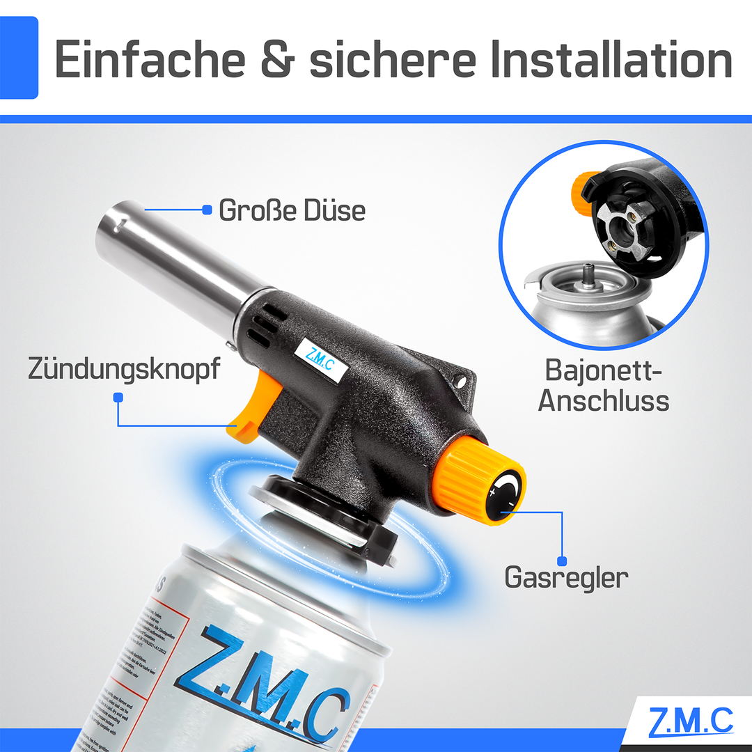 Z.M.C Gasbrenner &amp; Bunsenbrenner 1,3 kW bis 1300 °C | Lötlampe &amp; Lötbrenner mit Piezo-Zündung &amp; Gasanzünder, + optionale 227g Kartuschen