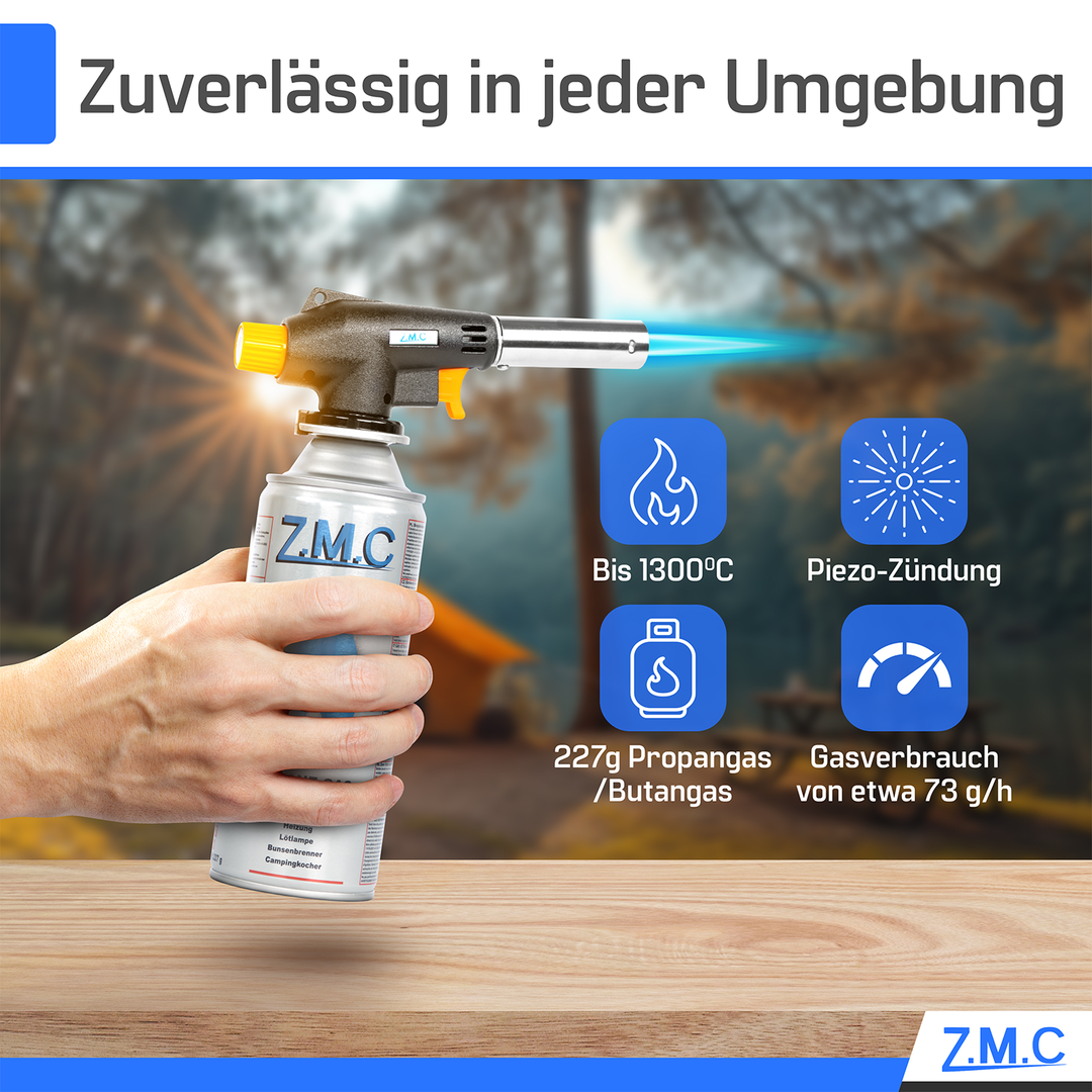 Z.M.C Gasbrenner &amp; Bunsenbrenner 1,3 kW bis 1300 °C | Lötlampe &amp; Lötbrenner mit Piezo-Zündung &amp; Gasanzünder, + optionale 227g Kartuschen