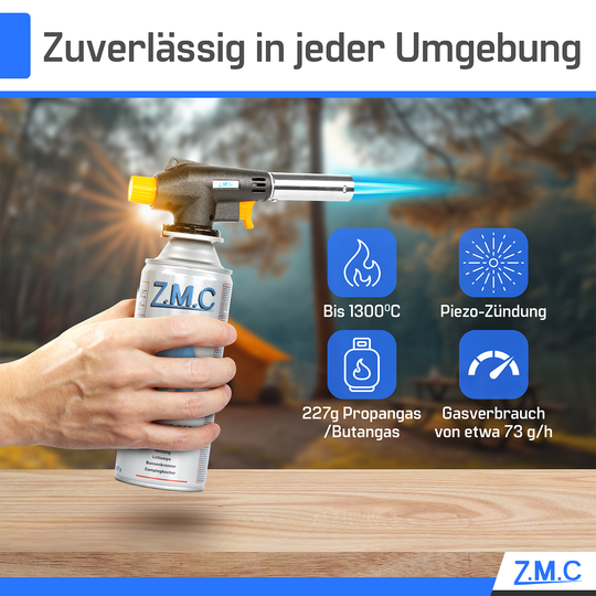 Z.M.C Gasbrenner &amp; Bunsenbrenner 1,3 kW bis 1300 °C | Lötlampe &amp; Lötbrenner mit Piezo-Zündung &amp; Gasanzünder, + optionale 227g Kartuschen
