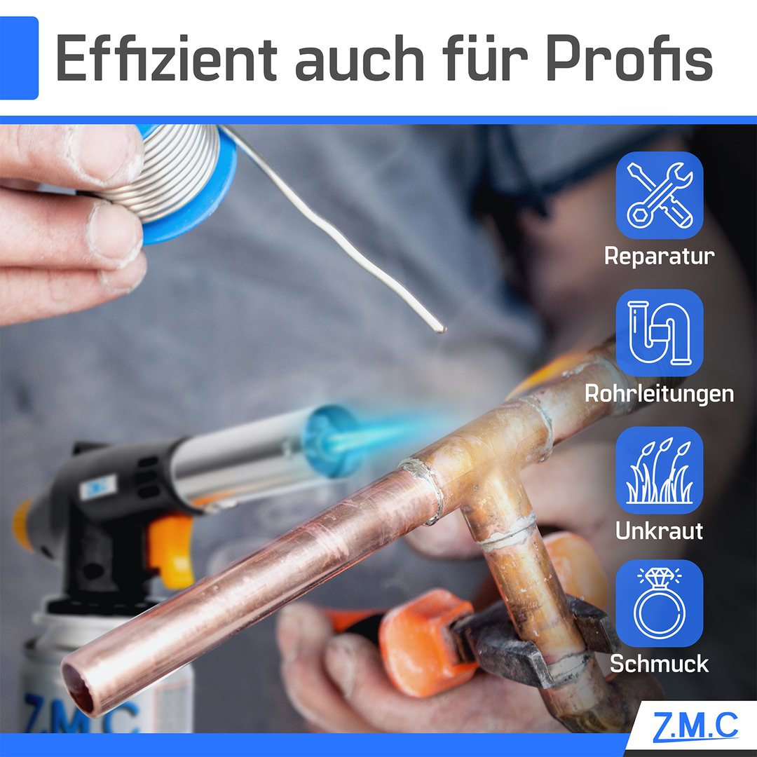 Z.M.C Gasbrenner &amp; Bunsenbrenner 1,3 kW bis 1300 °C | Lötlampe &amp; Lötbrenner mit Piezo-Zündung &amp; Gasanzünder, + optionale 227g Kartuschen