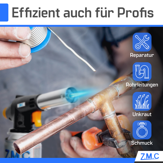 Z.M.C Gasbrenner &amp; Bunsenbrenner 1,3 kW bis 1300 °C | Lötlampe &amp; Lötbrenner mit Piezo-Zündung &amp; Gasanzünder, + optionale 227g Kartuschen