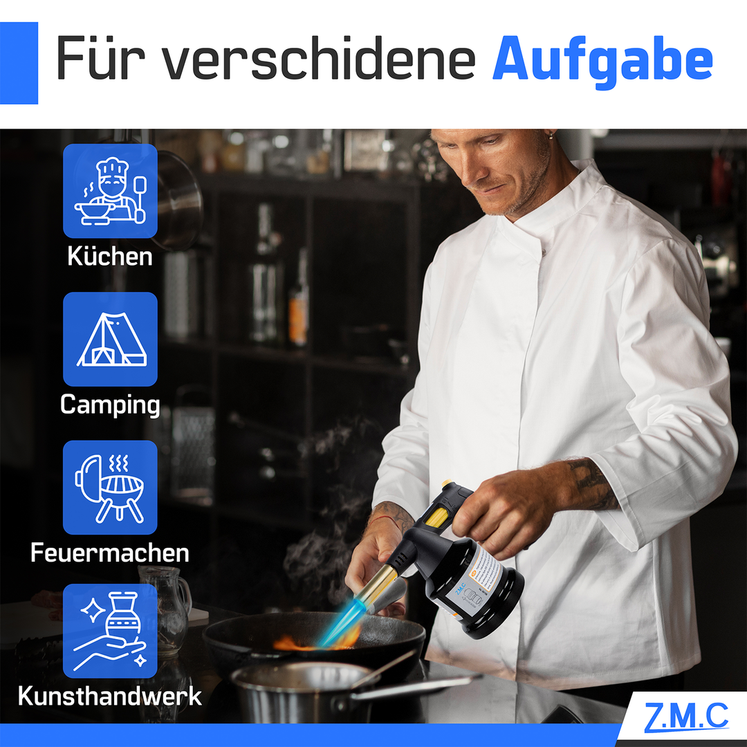 Z.M.C Gasbrenner 1,3 kW bis 1350°C mit Piezo-Zündung | Flambierbrenner &amp; Lötbrenner mit einstellbarer Flamme, + optionale Kartuschen