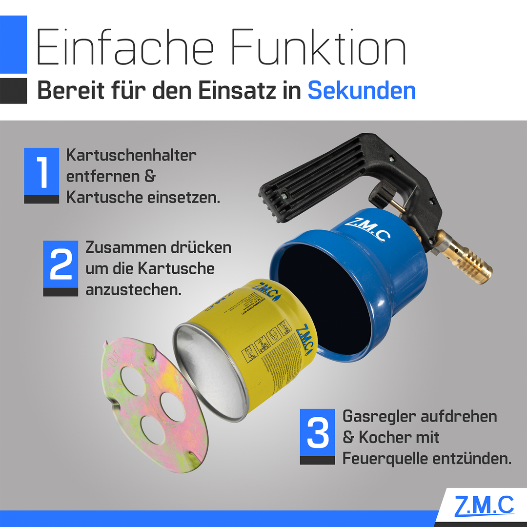 Z.M.C Gasbrenner &amp; Flambierbrenner 2,2 kW mit einstellbarer Flamme | Lötbrenner mit Brenneraufsatz für Küche &amp; Handwerk, + optionale Kartuschen