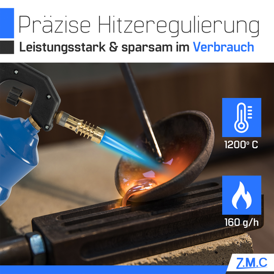 Z.M.C Gasbrenner &amp; Flambierbrenner 2,2 kW mit einstellbarer Flamme | Lötbrenner mit Brenneraufsatz für Küche &amp; Handwerk, + optionale Kartuschen