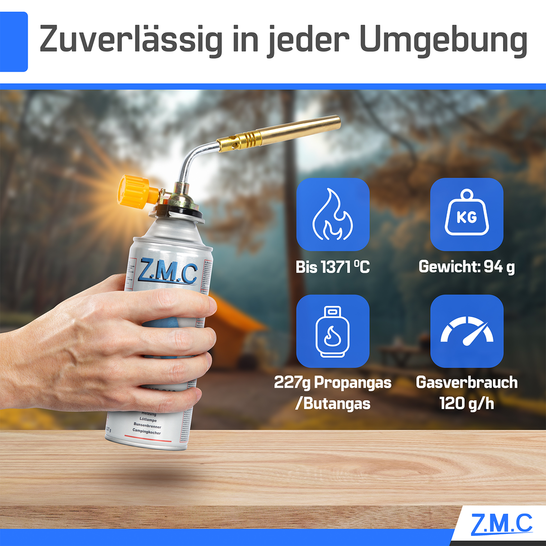 Z.M.C Lötlampe &amp; Lötbrenner bis 1371°C mit einstellbarer Flamme | Gasbrenner 1,65 kW für Löten, Handwerk &amp; Küche, + optionale 227g Kartuschen