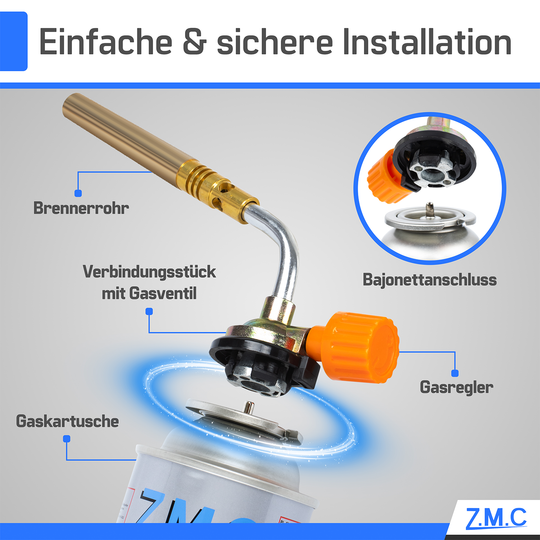 Z.M.C Lötlampe &amp; Lötbrenner bis 1371°C mit einstellbarer Flamme | Gasbrenner 1,65 kW für Löten, Handwerk &amp; Küche, + optionale 227g Kartuschen