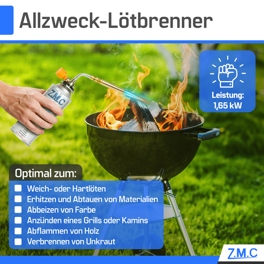 Z.M.C Lötlampe &amp; Lötbrenner bis 1371°C mit einstellbarer Flamme | Gasbrenner 1,65 kW für Löten, Handwerk &amp; Küche, + optionale 227g Kartuschen