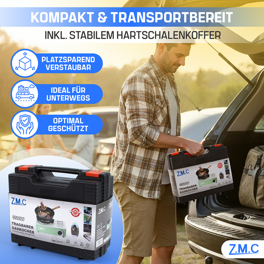 ZMC Camping Stove 1-Burner 3500W with 3-Burner System &amp; Piezo Ignition – Portable Gas Stove with Carrying Case, 1.4 kg
