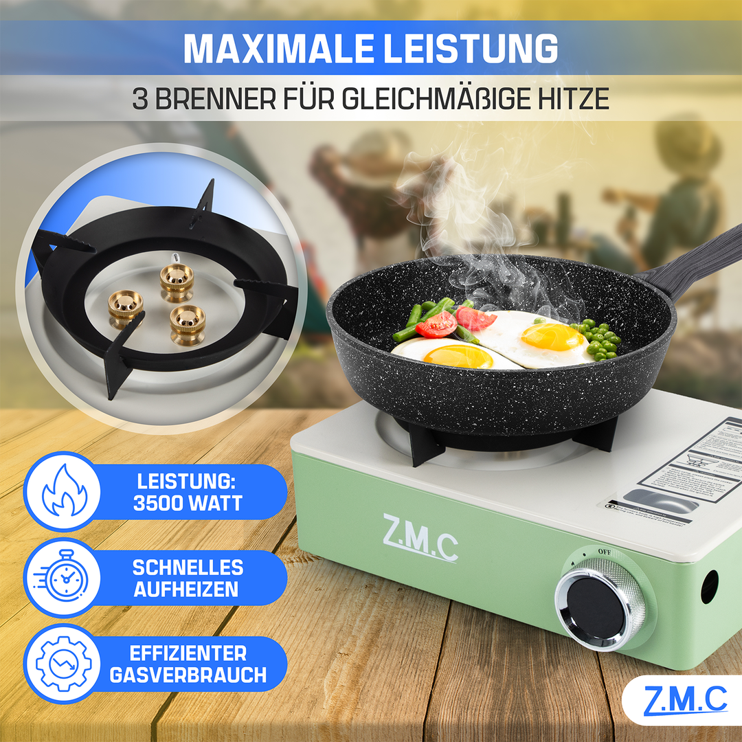 ZMC Camping Stove 1-Burner 3500W with 3-Burner System &amp; Piezo Ignition – Portable Gas Stove with Carrying Case, 1.4 kg