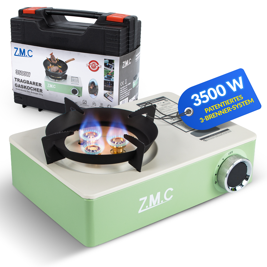 ZMC Camping Stove 1-Burner 3500W with 3-Burner System &amp; Piezo Ignition – Portable Gas Stove with Carrying Case, 1.4 kg