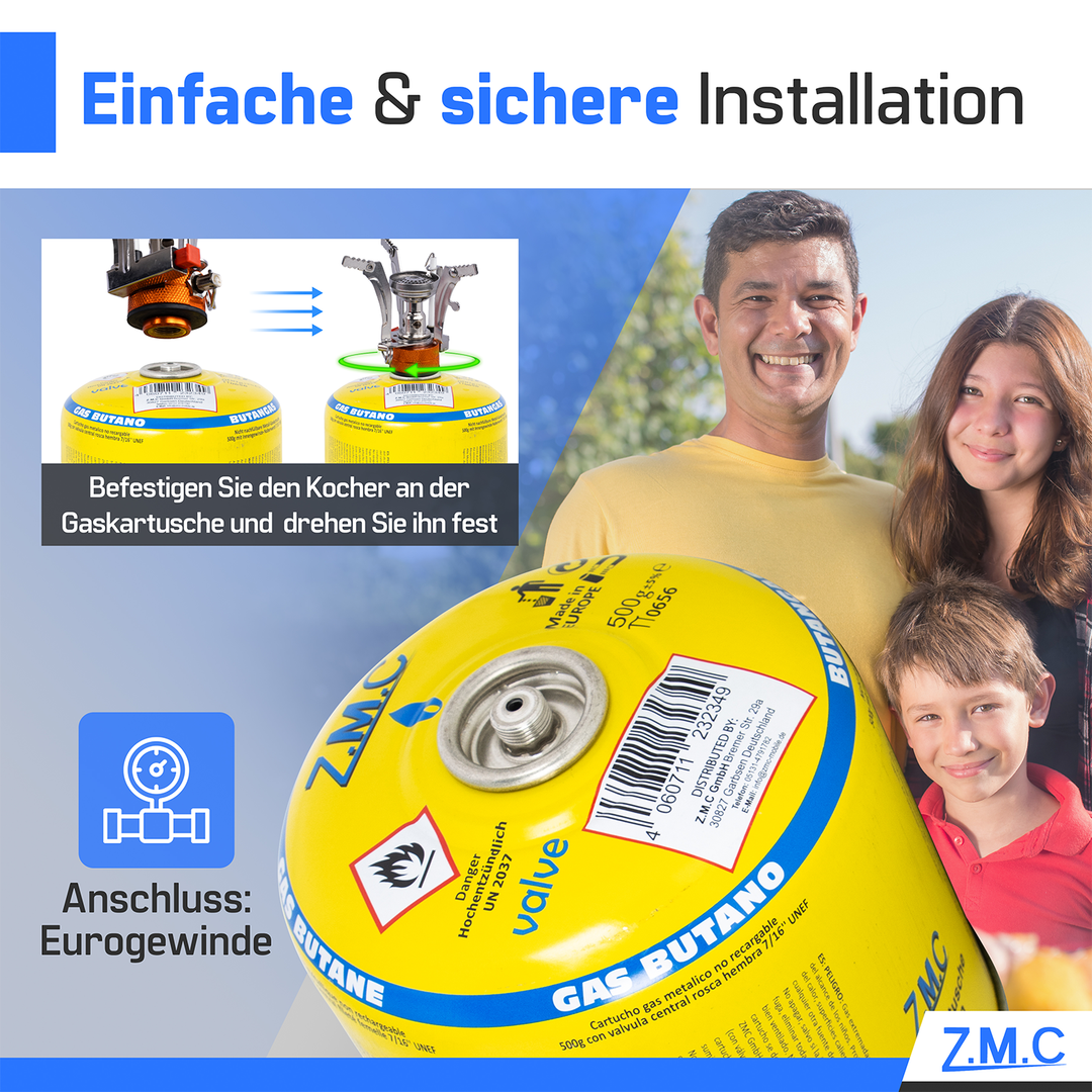 Z.M.C Gaskartusche 500g Propan/Butan 80/20 | EN417 Schraubkartusche 7/16" Eurogewinde, 990 ml – für Gasgrill, Weber &amp; Campingkocher