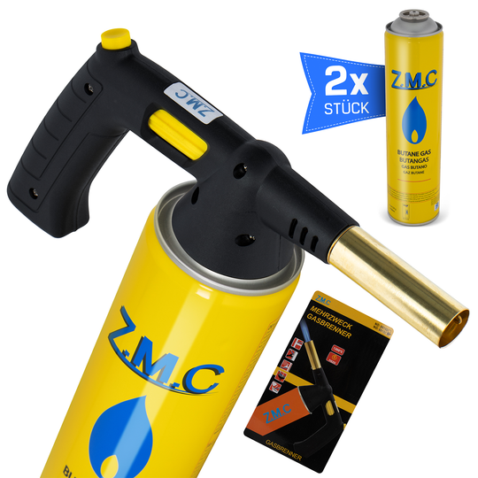 ZMC Gas Burner 1.5 kW + Gas Cartridges 330g, with Piezo Ignition, Bunsen Burner up to 1350°C, Soldering Torch Kitchen Torch with Adjustable Flame