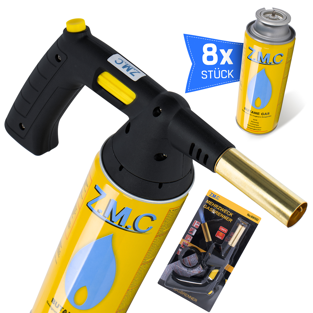 Z.M.C Gasbrenner 1,5 kW bis 1300 °C | Bunsen-, Löt- &amp; Küchenbrenner mit Piezo-Zündung &amp; Flammenregler, + optionale Gaskartuschen