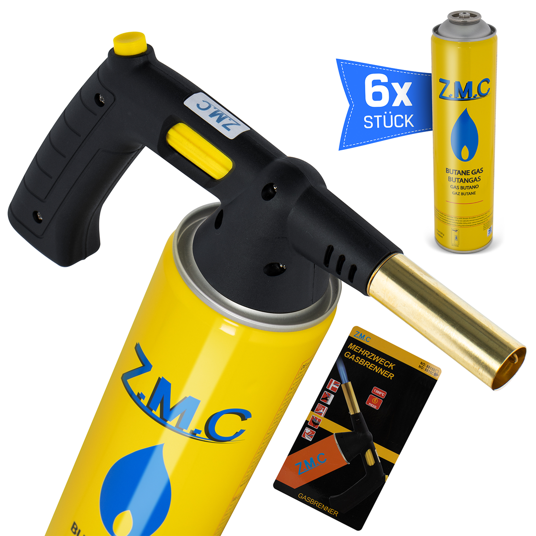 ZMC Gas Burner 1.5 kW + Gas Cartridges 330g, with Piezo Ignition, Bunsen Burner up to 1350°C, Soldering Torch Kitchen Torch with Adjustable Flame