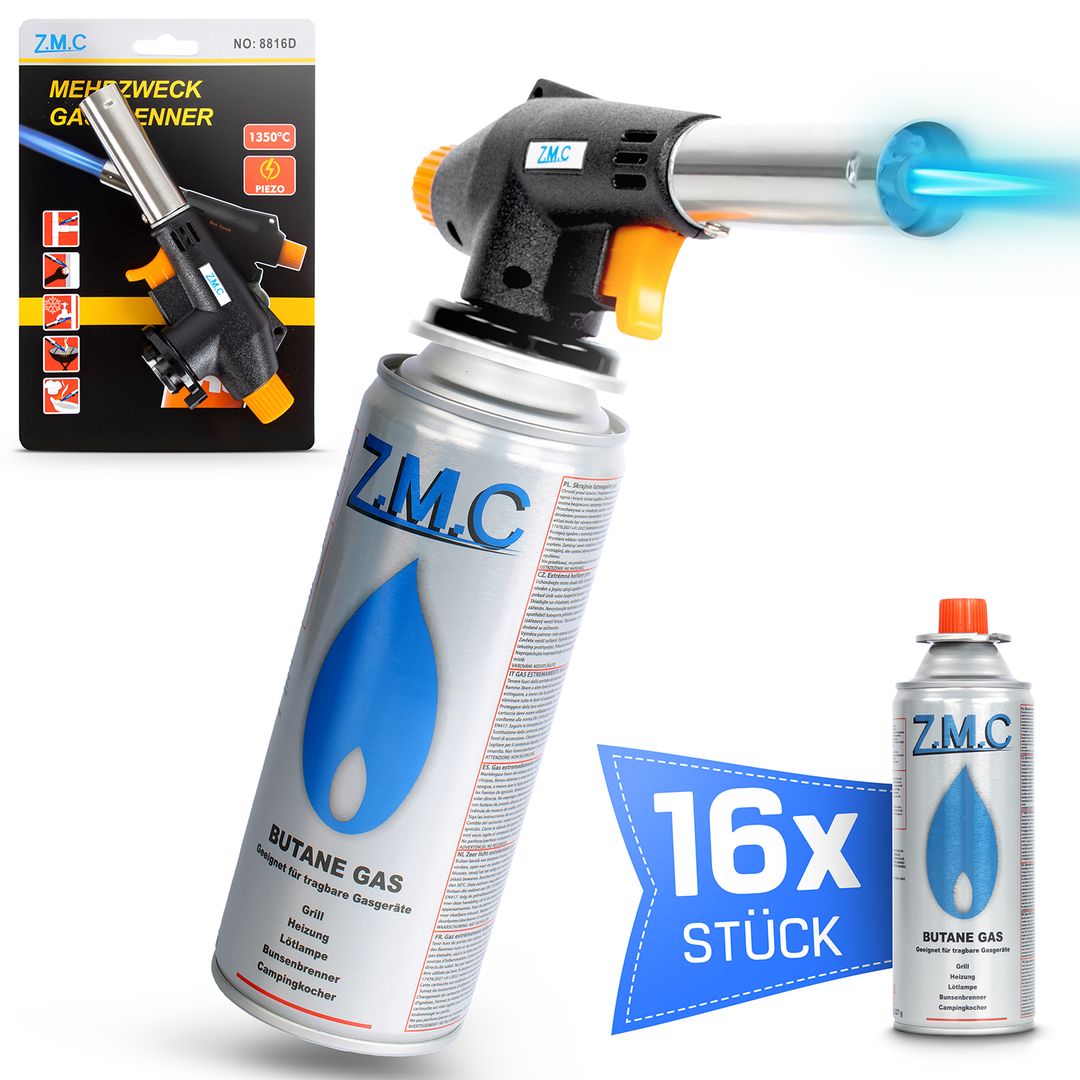 Z.M.C Gasbrenner &amp; Bunsenbrenner 1,3 kW bis 1300 °C | Lötlampe &amp; Lötbrenner mit Piezo-Zündung &amp; Gasanzünder, + optionale 227g Kartuschen