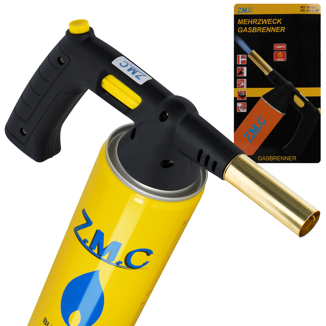 ZMC Gas Burner 1.5 kW + Gas Cartridges 330g, with Piezo Ignition, Bunsen Burner up to 1350°C, Soldering Torch Kitchen Torch with Adjustable Flame