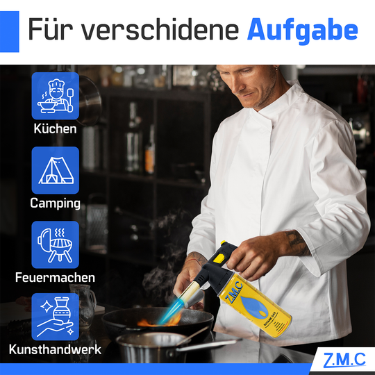 Z.M.C Gasbrenner 1,5 kW bis 1300 °C | Bunsen-, Löt- &amp; Küchenbrenner mit Piezo-Zündung &amp; Flammenregler, + optionale Gaskartuschen