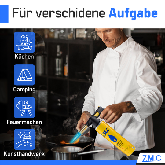 ZMC Gas Burner 1.5 kW + Gas Cartridges 330g, with Piezo Ignition, Bunsen Burner up to 1350°C, Soldering Torch Kitchen Torch with Adjustable Flame